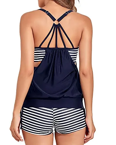 2 Piece Tummy Control Tankini Swimsuit For Ladies With Boyshorts-Blue And White Stripes