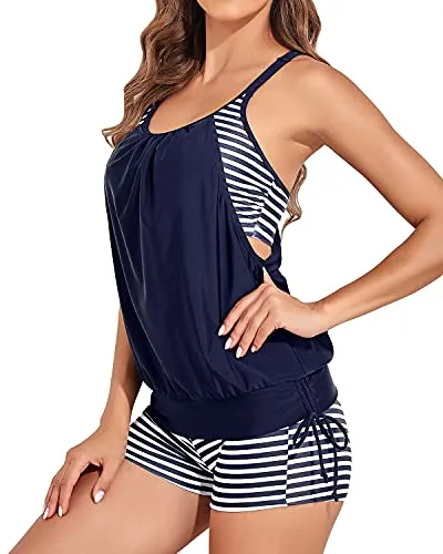 2 Piece Tummy Control Tankini Swimsuit For Ladies With Boyshorts-Blue And White Stripes