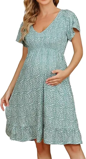 2024 Maternity Dress Womens Casual V Neck Ruffles Short Sleeve A Line Dress Foral Printed Flowy Mini Short Boho Dress