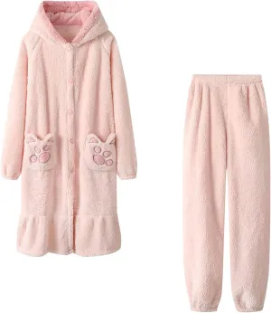2PC Women Winter Plush Bathrobe Sets, Cute Fuzzy Warm Hooded Robe Long Sleeve Button Down Soft Nightgowns with Pants