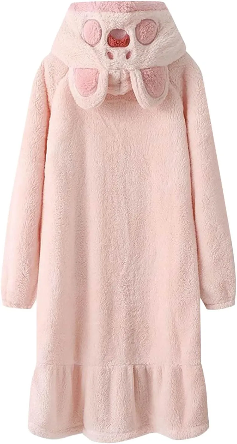2PC Women Winter Plush Bathrobe Sets, Cute Fuzzy Warm Hooded Robe Long Sleeve Button Down Soft Nightgowns with Pants