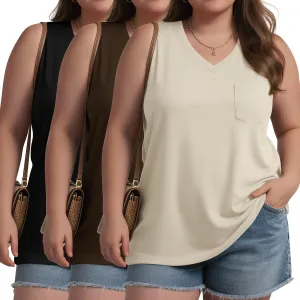 3 Pack Women's Plus Size Tank Tops Casual Summer Sleeveless V Neck Loose Fit Knit Tunic Basic T-Shirts with Pocket