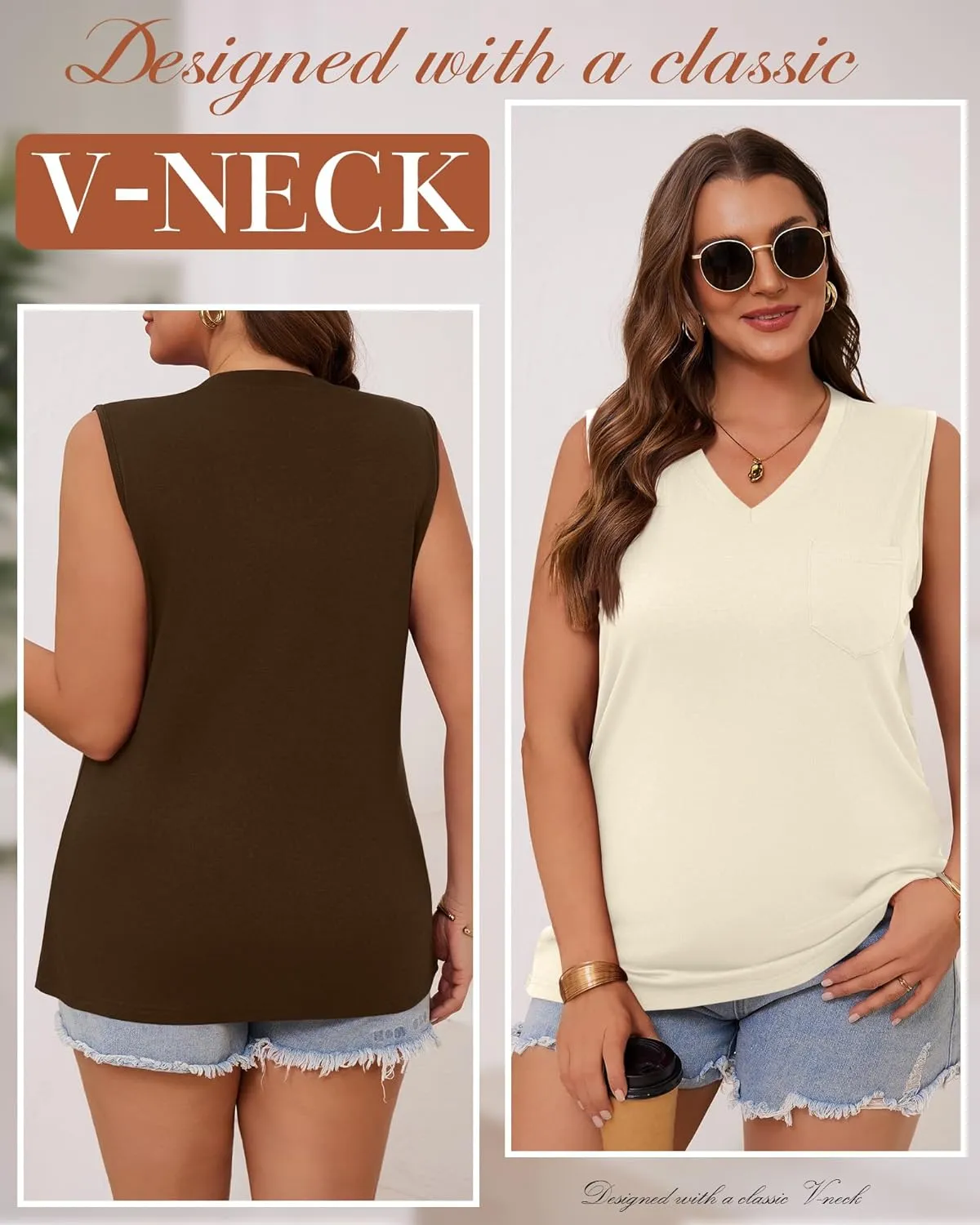3 Pack Women's Plus Size Tank Tops Casual Summer Sleeveless V Neck Loose Fit Knit Tunic Basic T-Shirts with Pocket