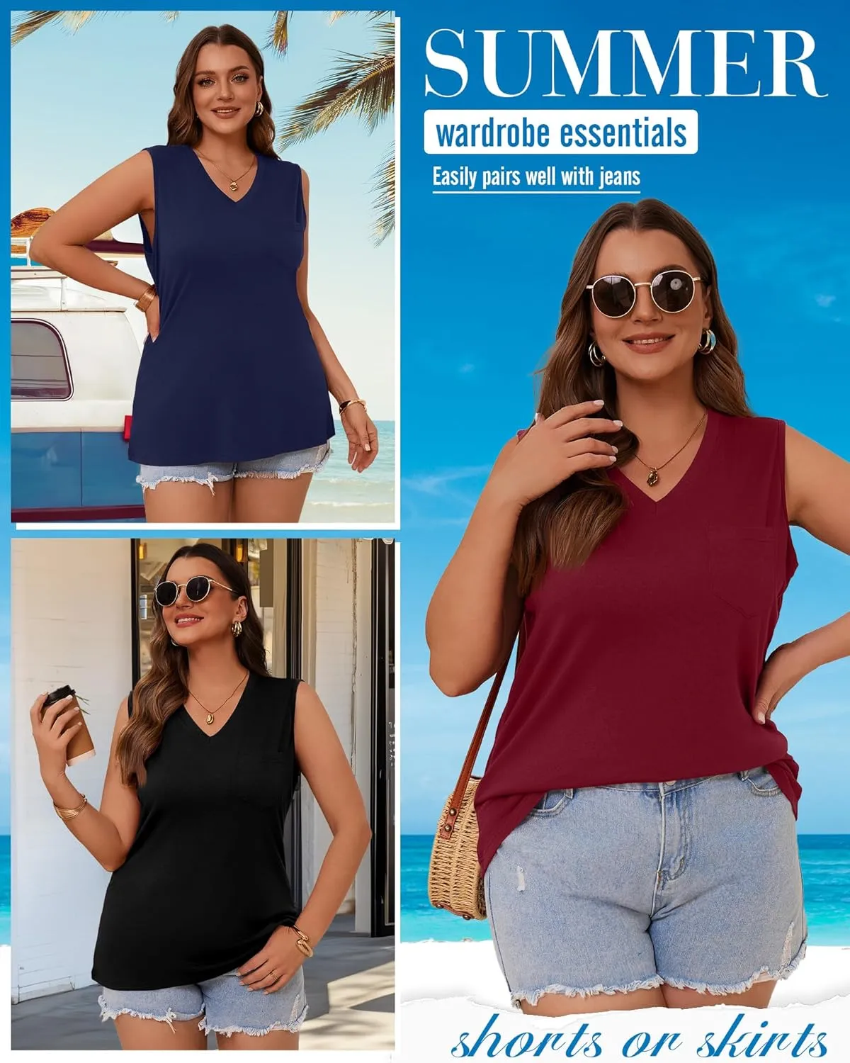 3 Pack Women's Plus Size Tank Tops Casual Summer Sleeveless V Neck Loose Fit Knit Tunic Basic T-Shirts with Pocket