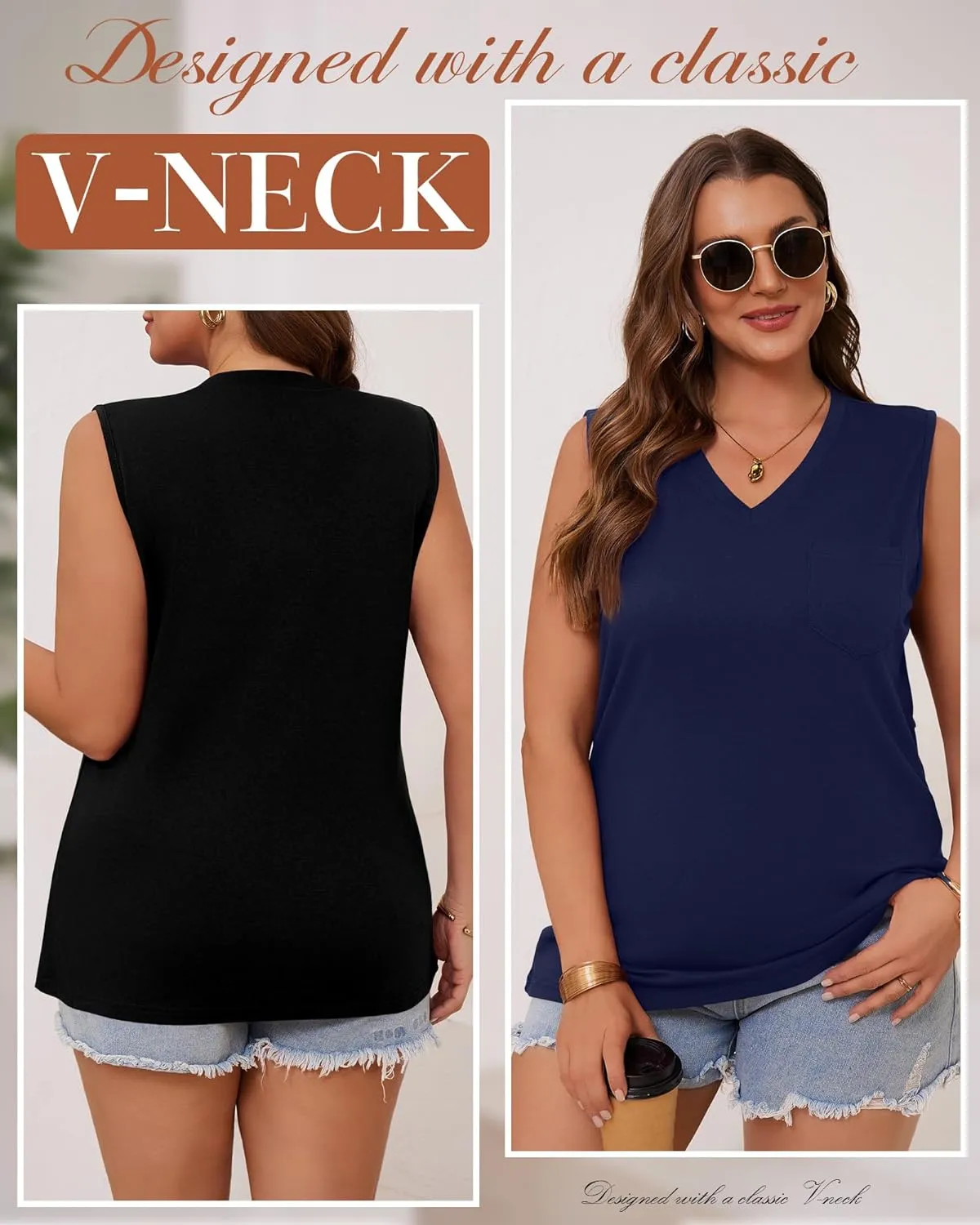 3 Pack Women's Plus Size Tank Tops Casual Summer Sleeveless V Neck Loose Fit Knit Tunic Basic T-Shirts with Pocket
