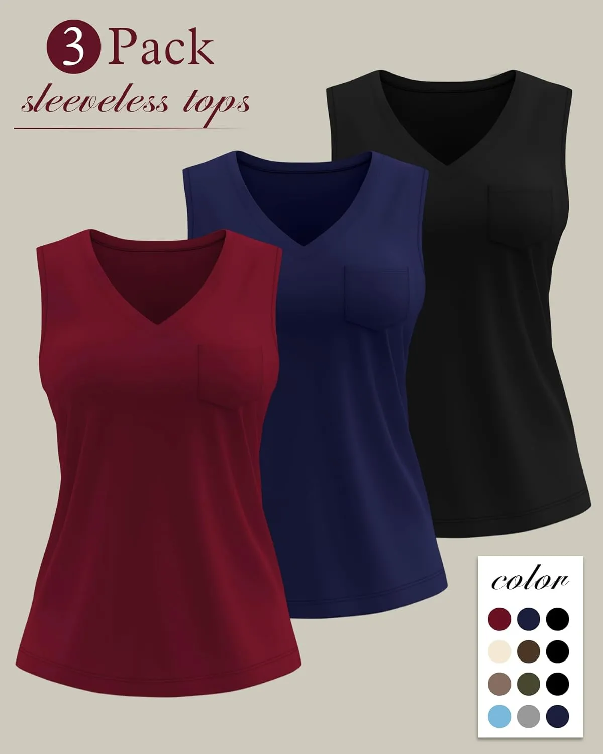 3 Pack Women's Plus Size Tank Tops Casual Summer Sleeveless V Neck Loose Fit Knit Tunic Basic T-Shirts with Pocket