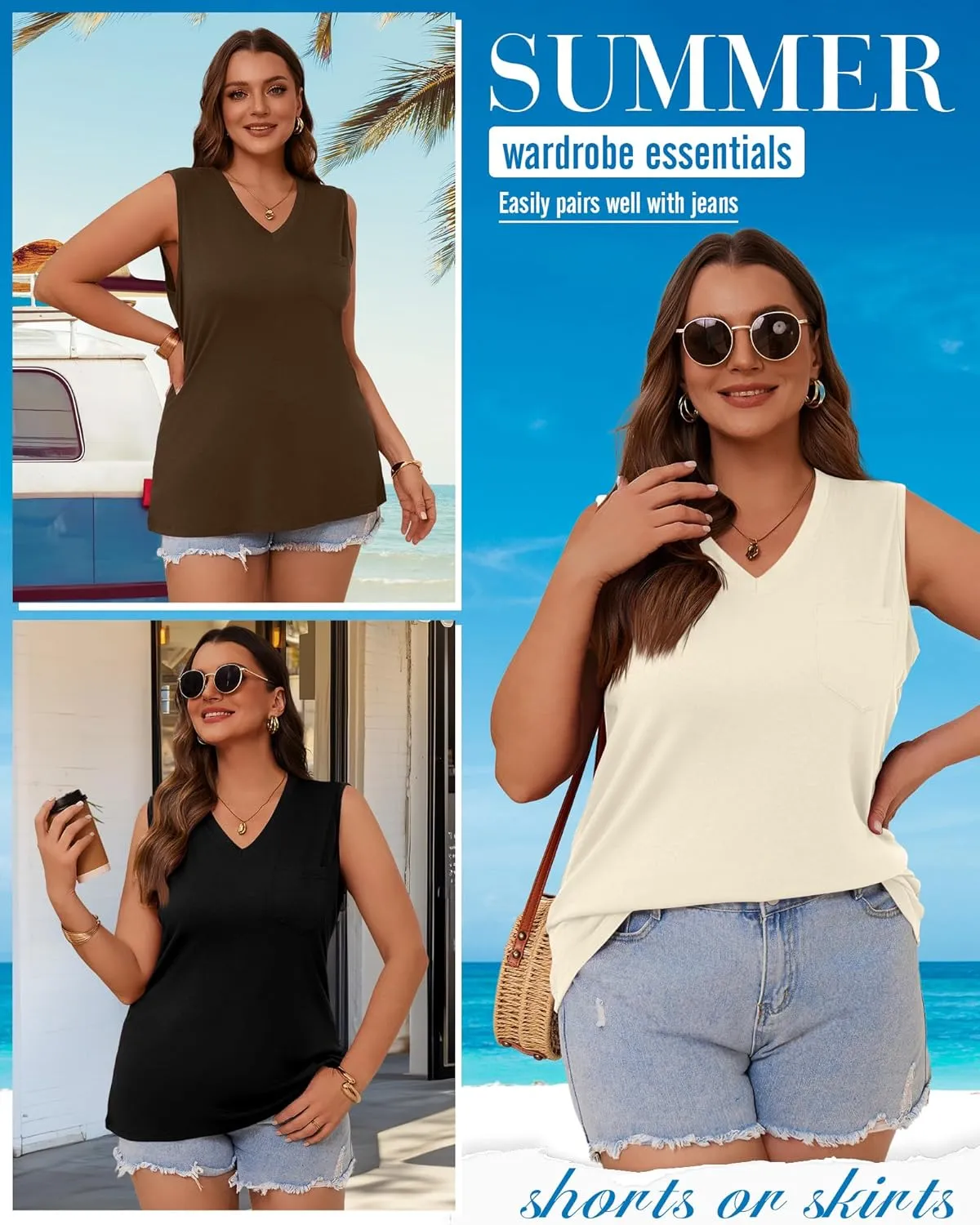 3 Pack Women's Plus Size Tank Tops Casual Summer Sleeveless V Neck Loose Fit Knit Tunic Basic T-Shirts with Pocket