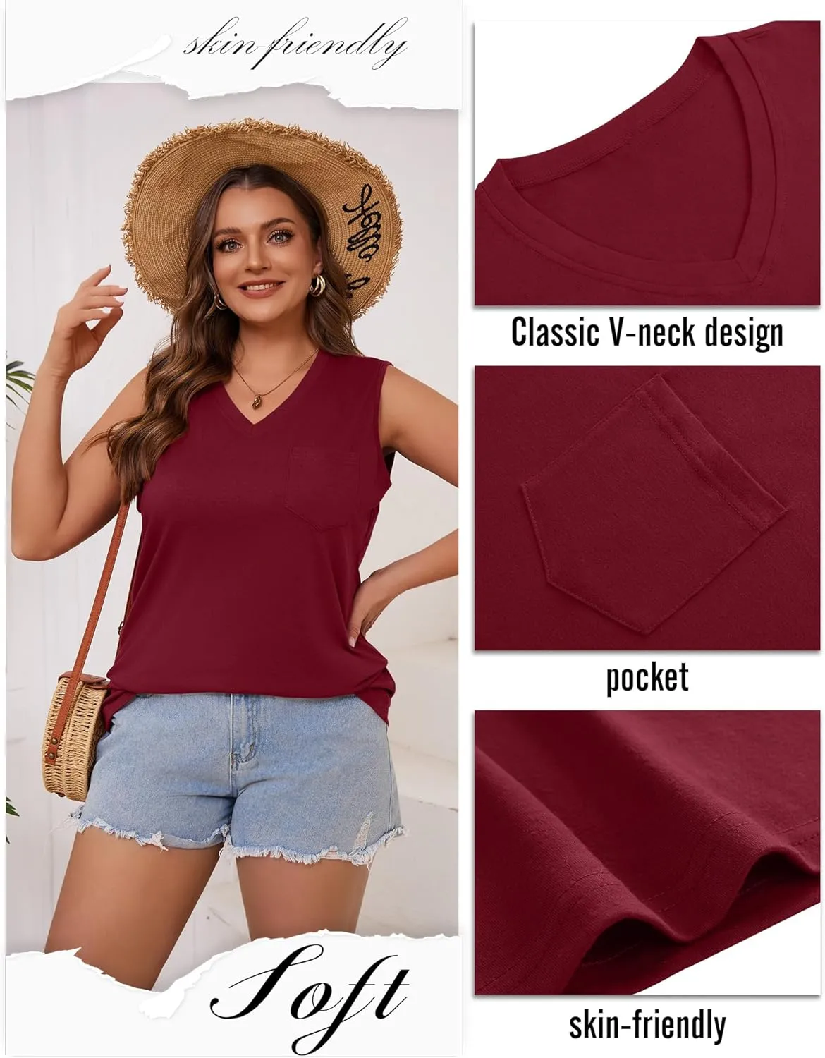 3 Pack Women's Plus Size Tank Tops Casual Summer Sleeveless V Neck Loose Fit Knit Tunic Basic T-Shirts with Pocket