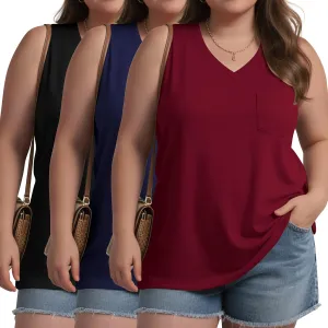 3 Pack Women's Plus Size Tank Tops Casual Summer Sleeveless V Neck Loose Fit Knit Tunic Basic T-Shirts with Pocket
