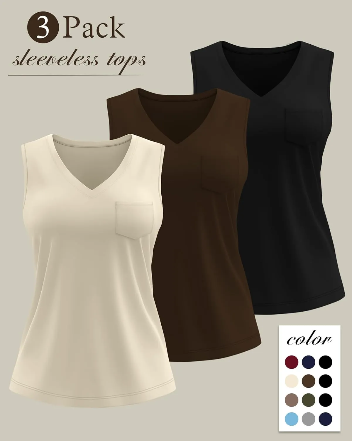 3 Pack Women's Plus Size Tank Tops Casual Summer Sleeveless V Neck Loose Fit Knit Tunic Basic T-Shirts with Pocket