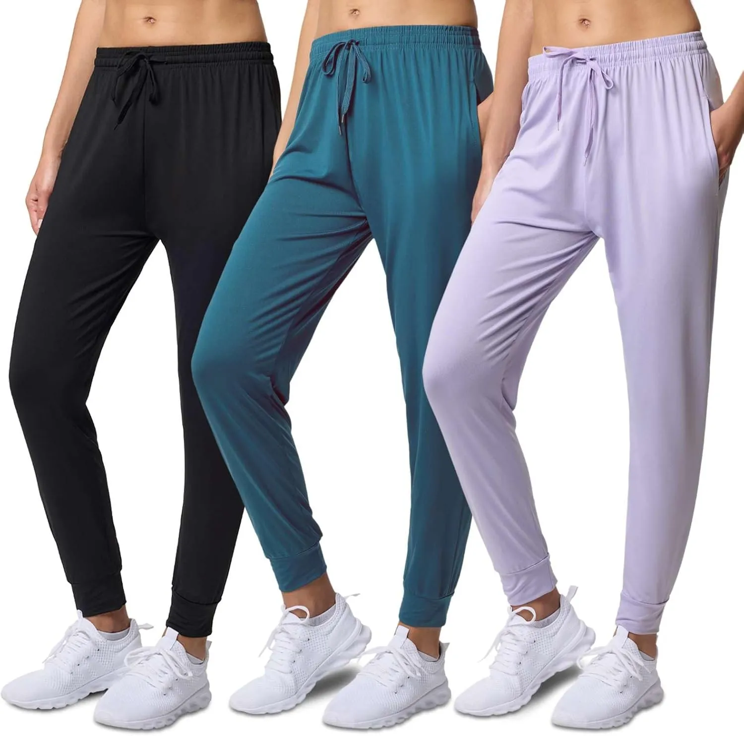 3 Pack: Women's Ultra-Soft Silky Dry Fit Lounge Joggers Lightweight Dry-Fit Pants with Pockets (Available in Plus)