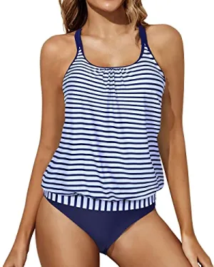 7 Soft Removable Padded Push Up Tankini Swimsuits-Blue White Stripe