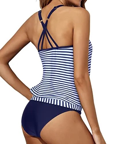 7 Soft Removable Padded Push Up Tankini Swimsuits-Blue White Stripe