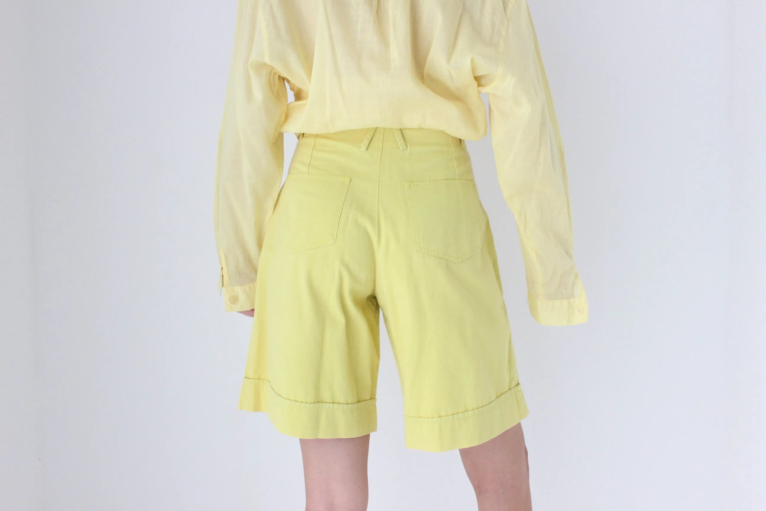 80s European Lemon Yellow Cotton Knee Length Shorts
