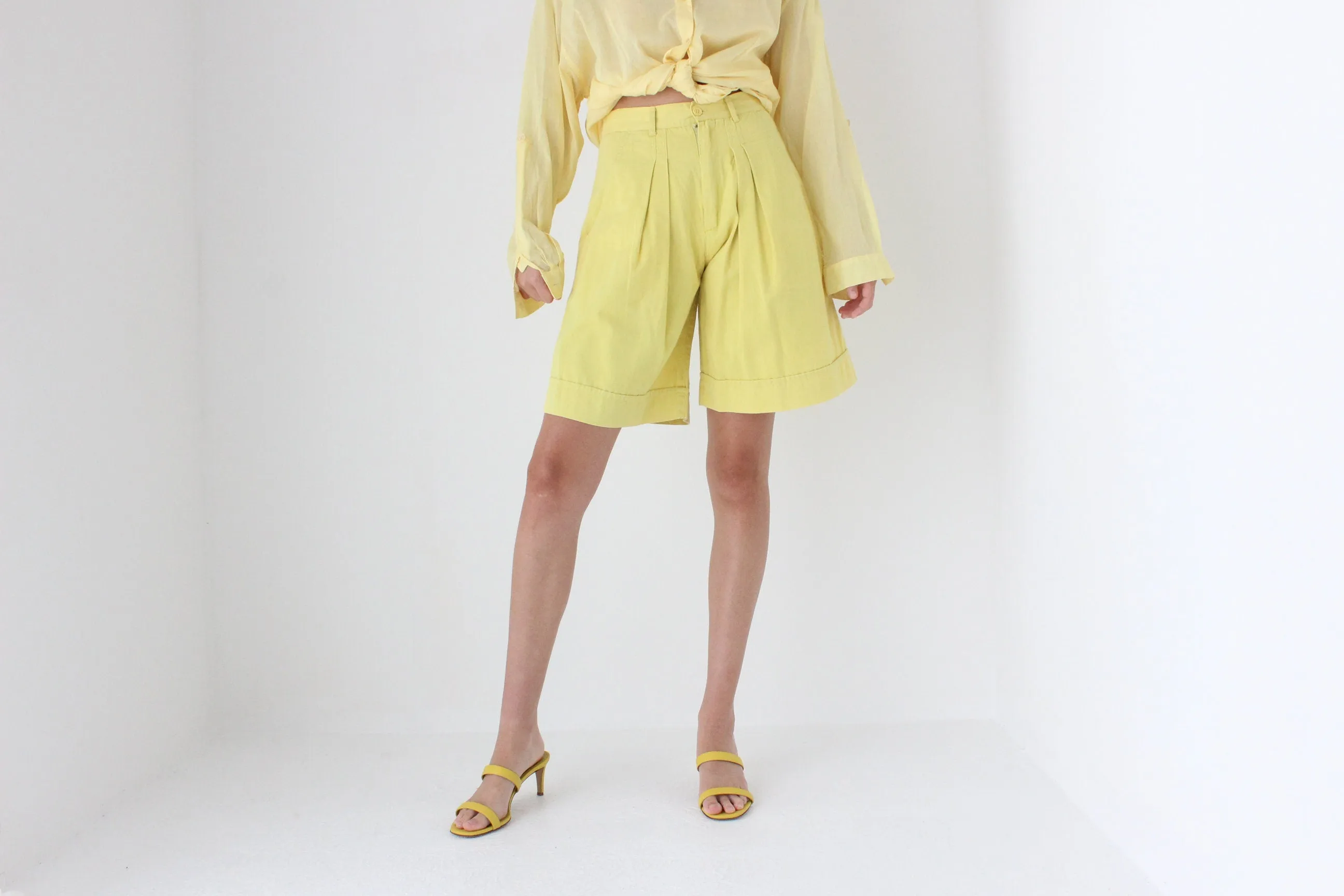 80s European Lemon Yellow Cotton Knee Length Shorts