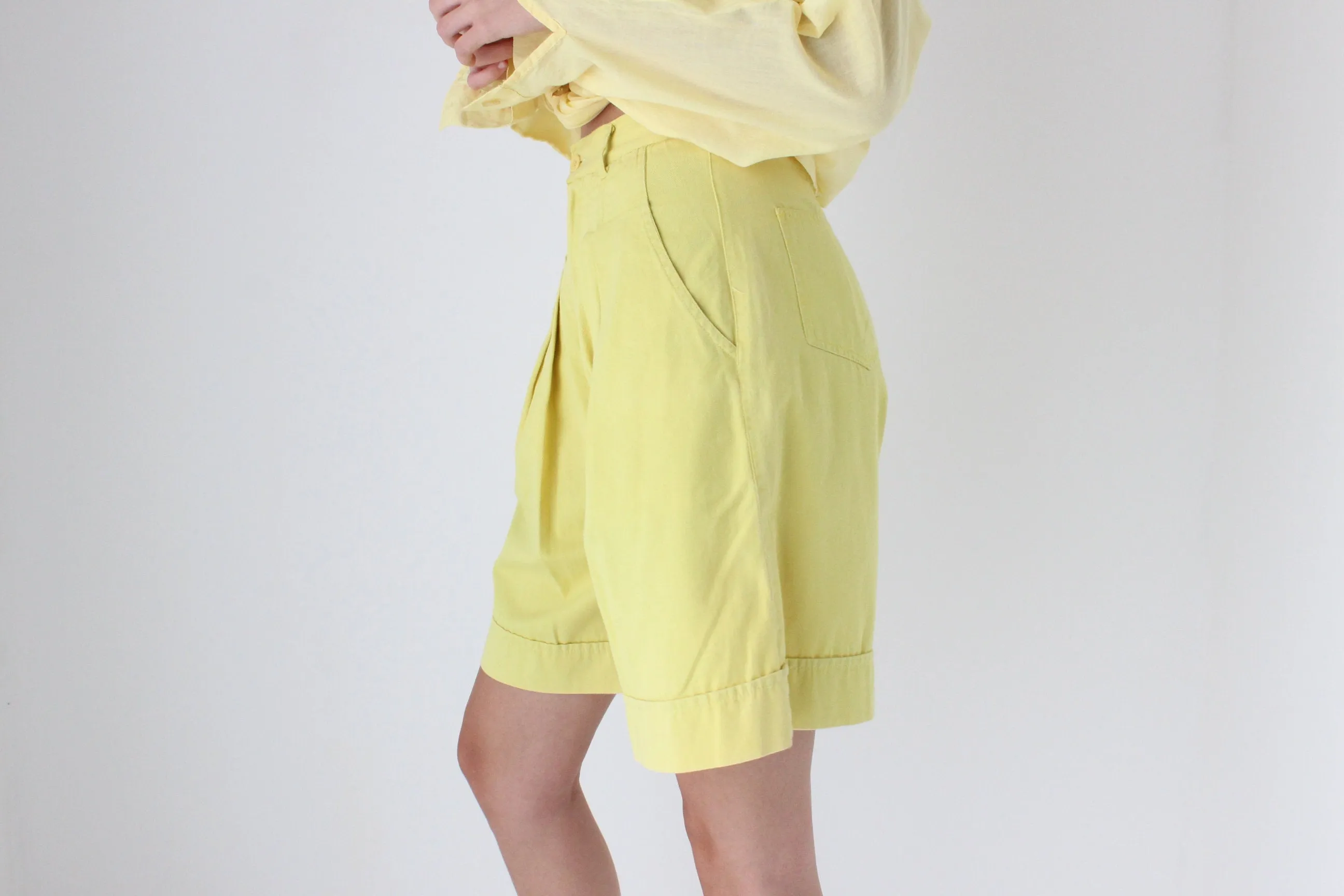 80s European Lemon Yellow Cotton Knee Length Shorts