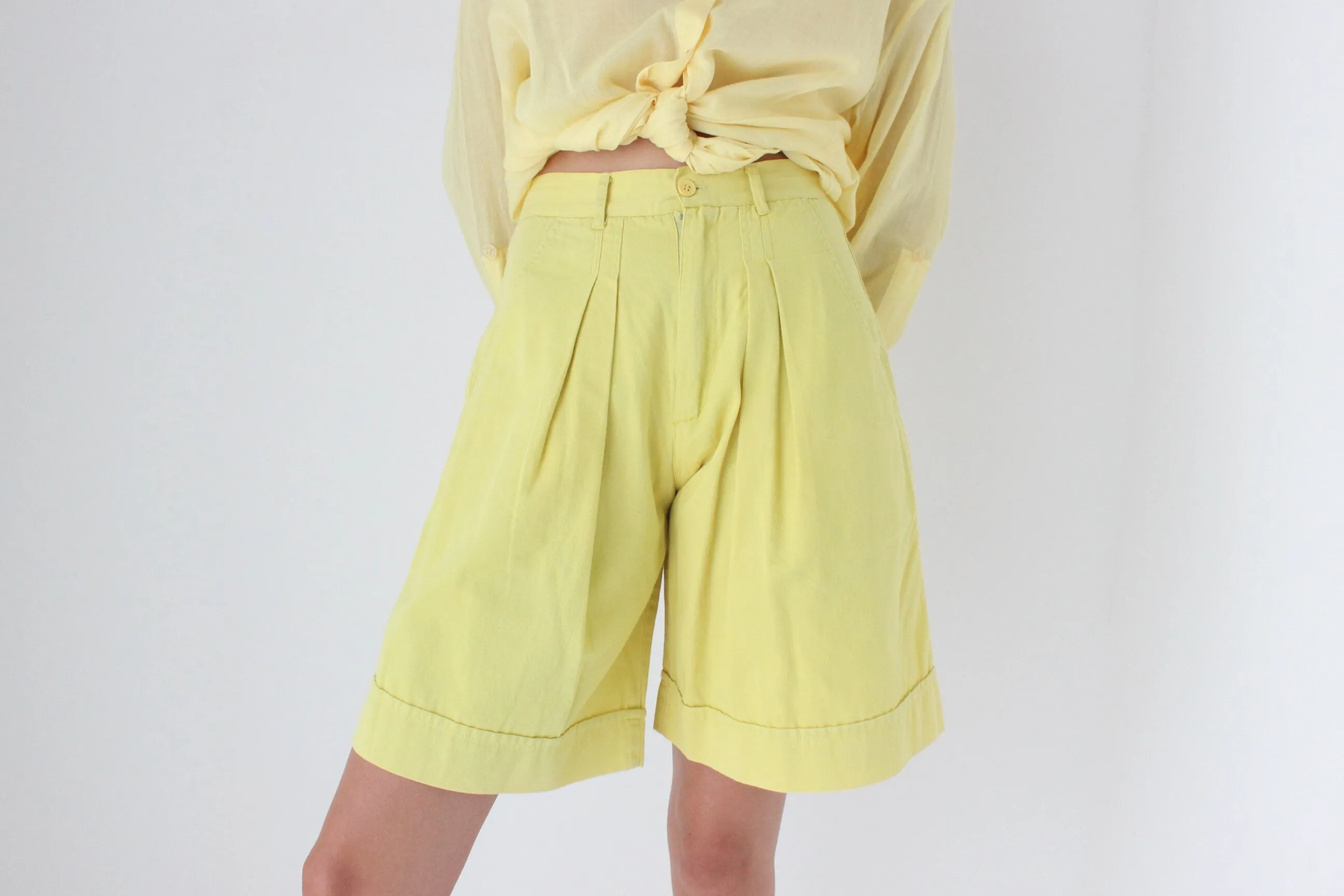 80s European Lemon Yellow Cotton Knee Length Shorts