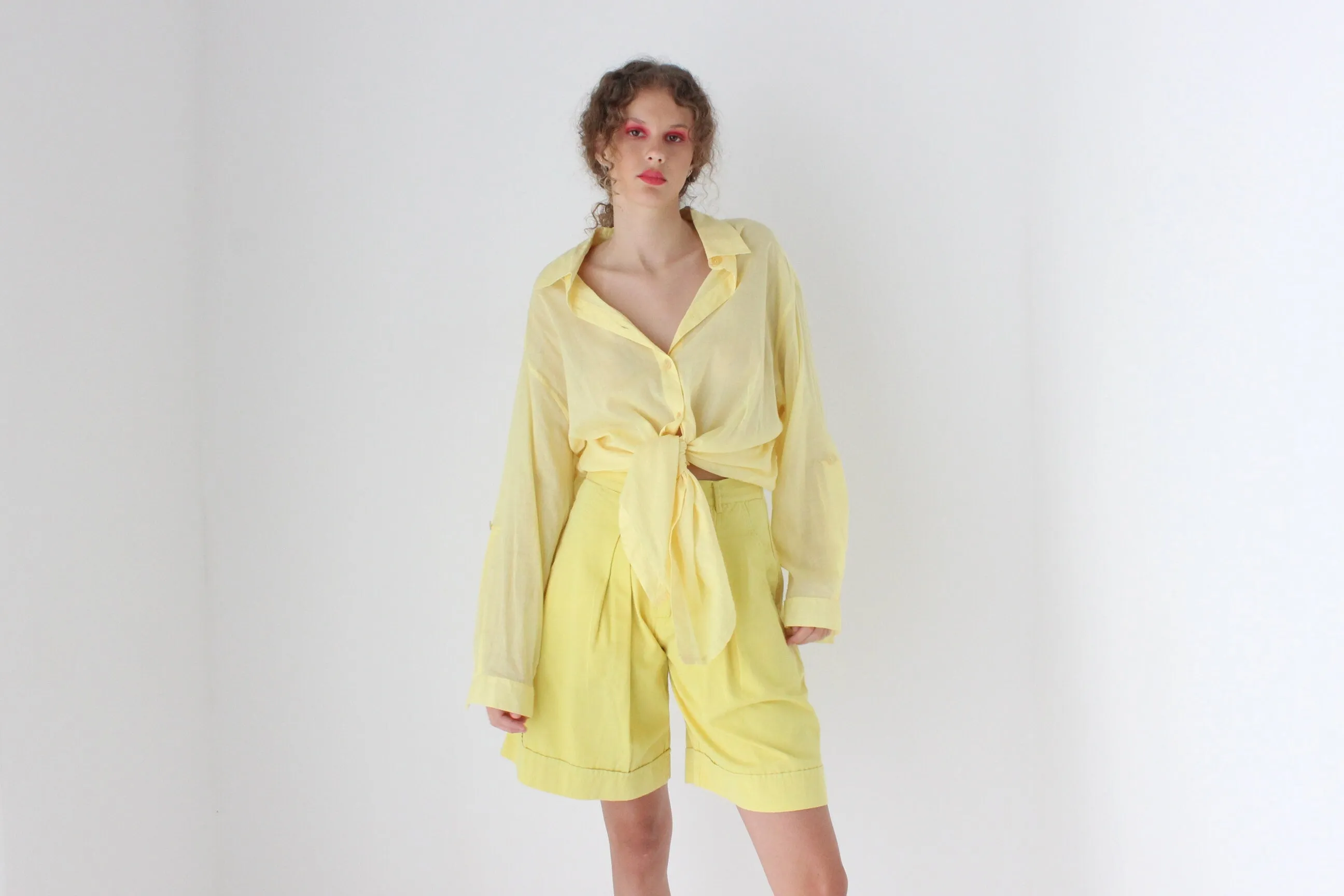 80s European Lemon Yellow Cotton Knee Length Shorts