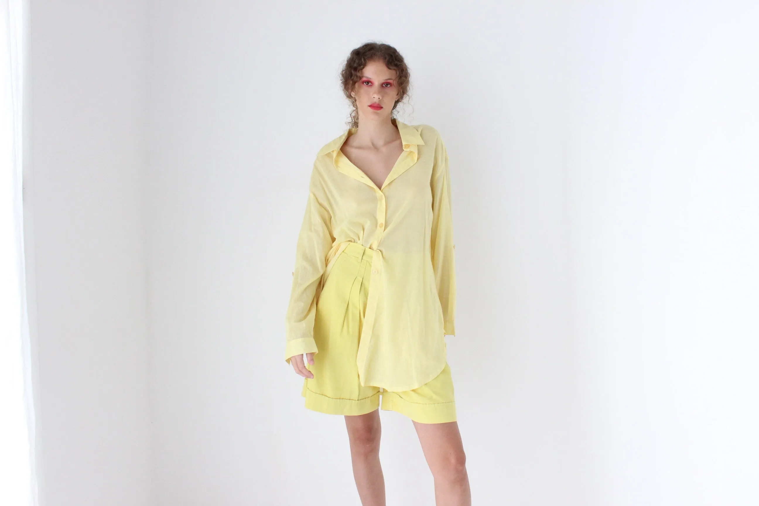 80s European Lemon Yellow Cotton Knee Length Shorts