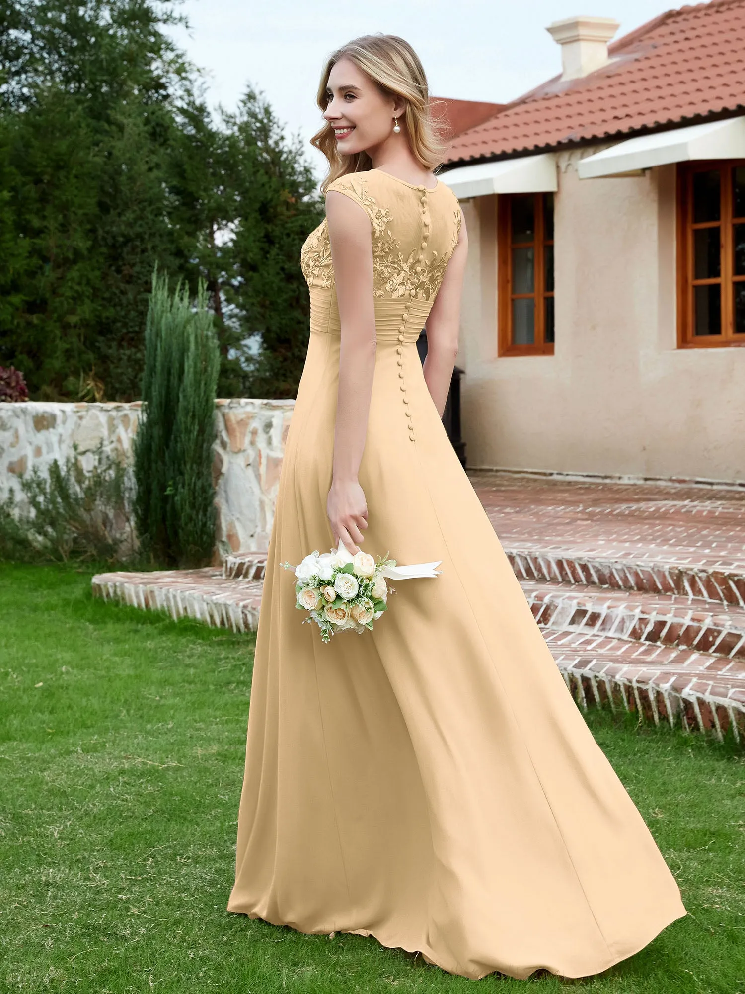 A-Line Chiffon Dress with Illusion Neckline Champagne Plus Size