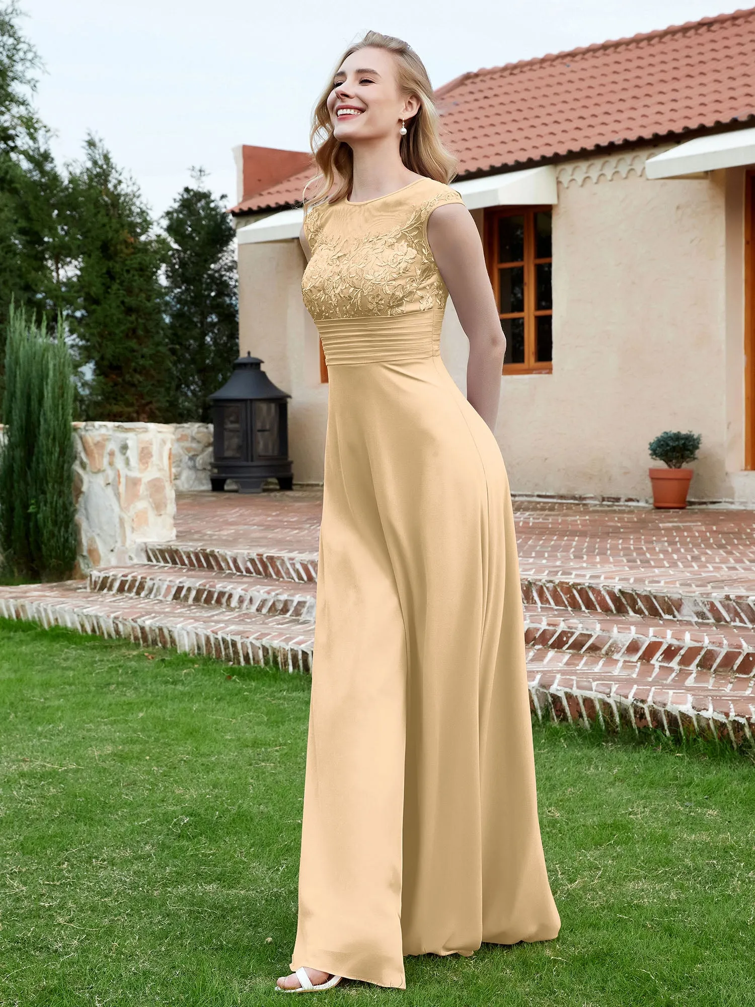 A-Line Chiffon Dress with Illusion Neckline Champagne Plus Size