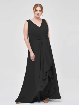 A-line Chiffon Open Back Dress With V-Neck Black