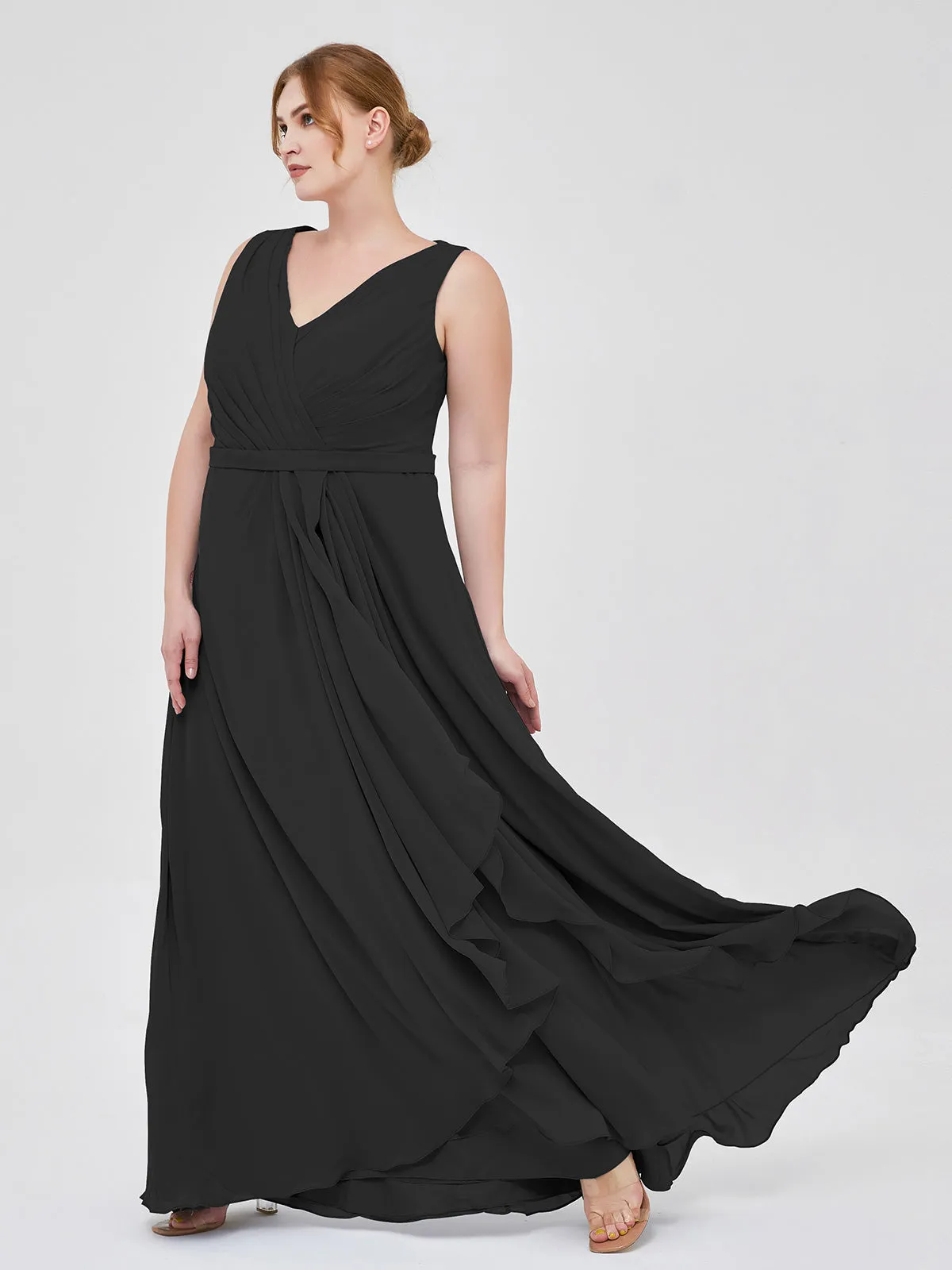 A-line Chiffon Open Back Dress With V-Neck Black