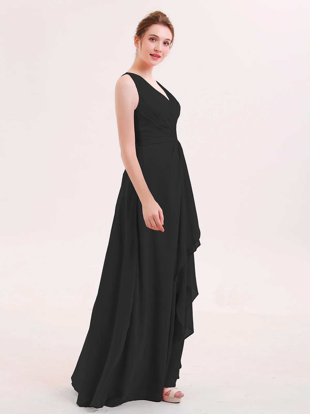 A-line Chiffon Open Back Dress With V-Neck Black