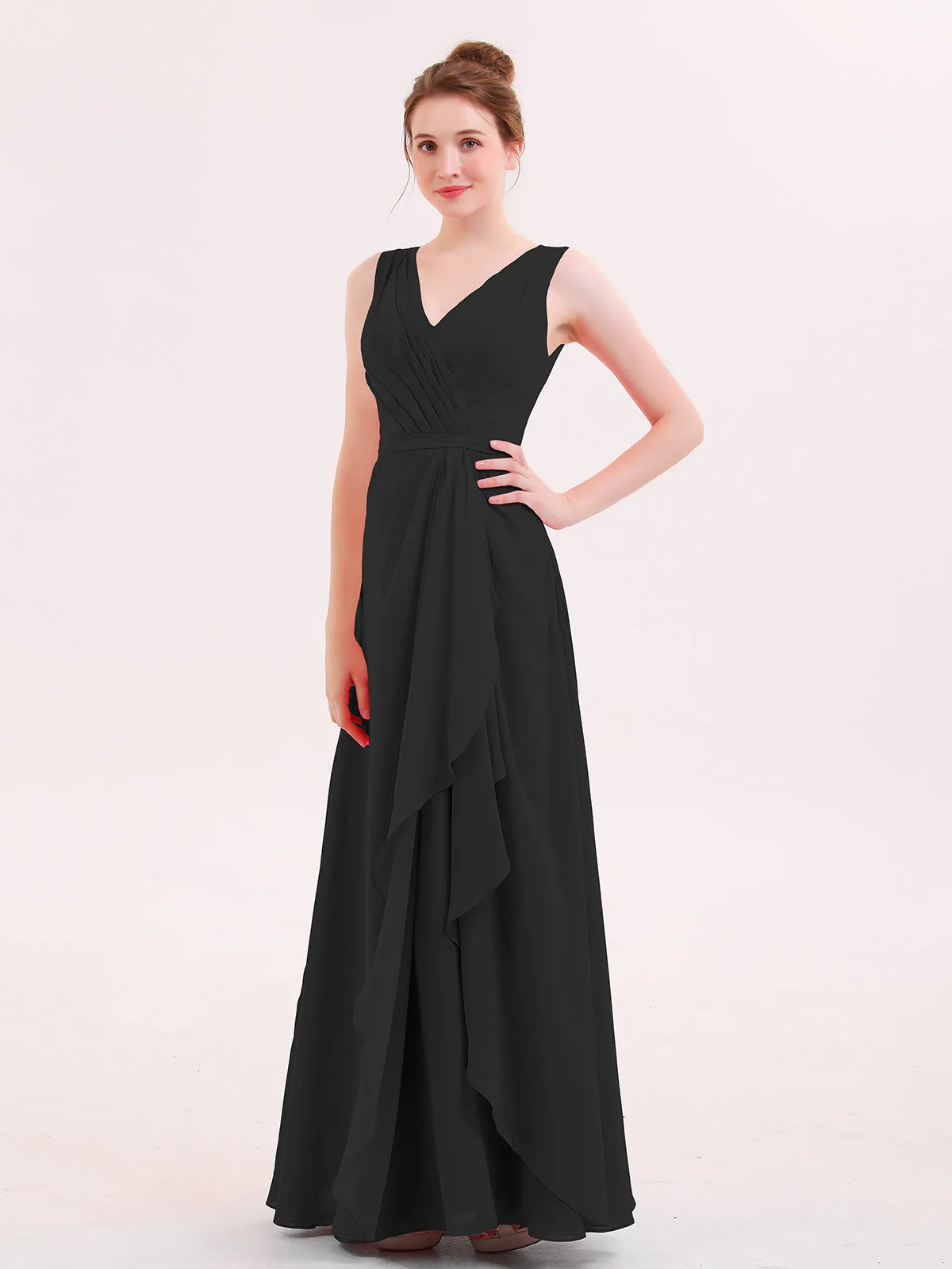 A-line Chiffon Open Back Dress With V-Neck Black