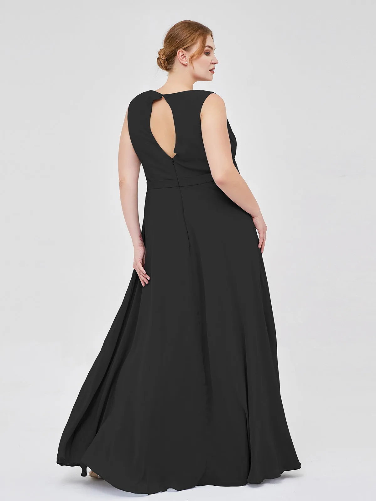 A-line Chiffon Open Back Dress With V-Neck Black
