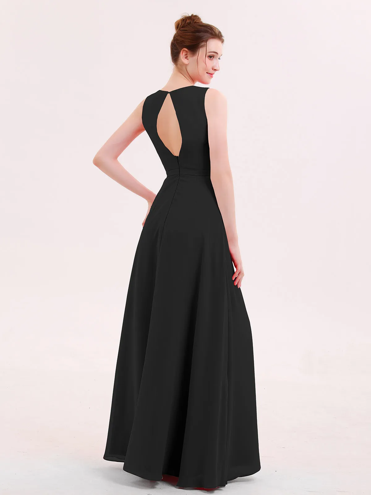 A-line Chiffon Open Back Dress With V-Neck Black
