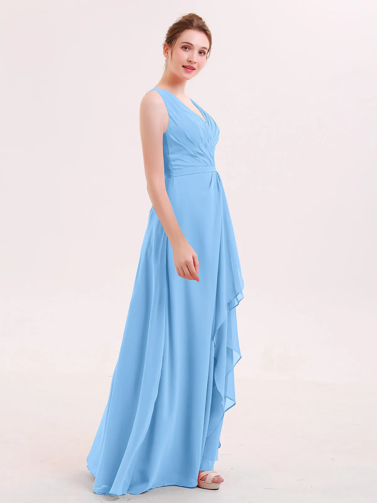 A-line Chiffon Open Back Dress With V-Neck Blue