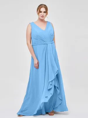 A-line Chiffon Open Back Dress With V-Neck Blue