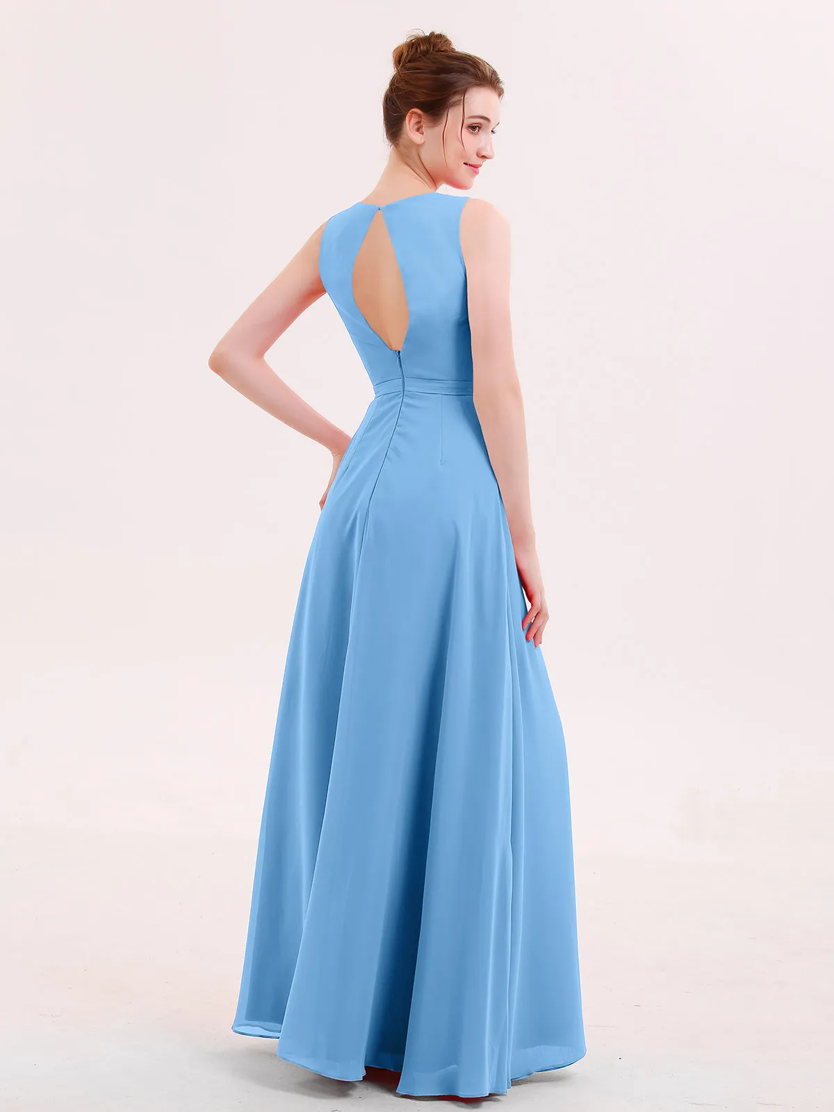 A-line Chiffon Open Back Dress With V-Neck Blue