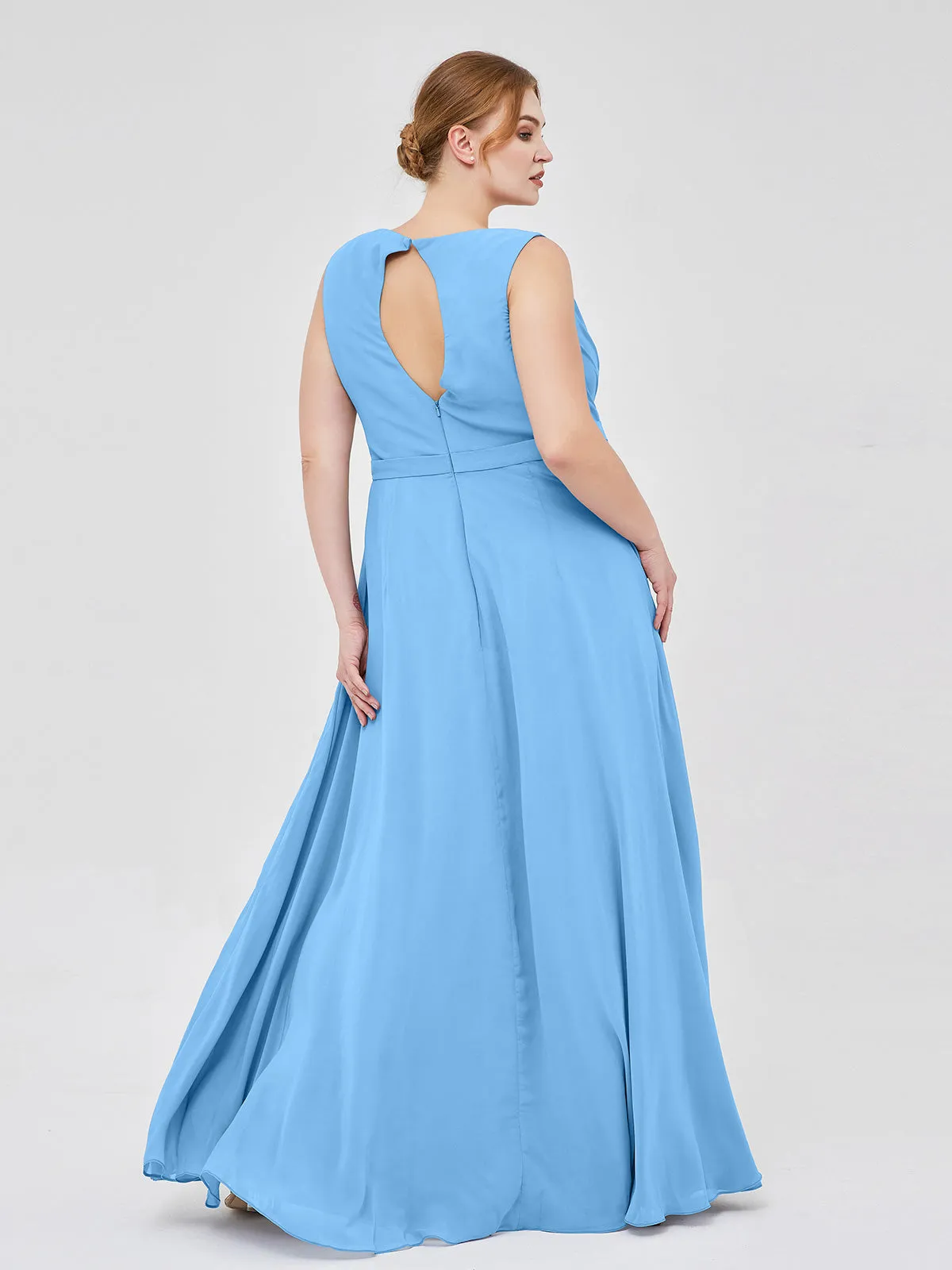 A-line Chiffon Open Back Dress With V-Neck Blue
