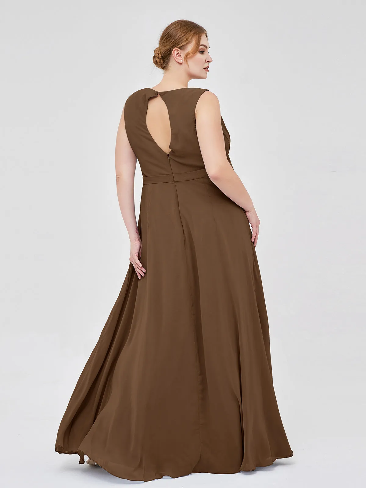 A-line Chiffon Open Back Dress With V-Neck Brown Plus Size