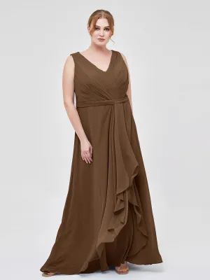 A-line Chiffon Open Back Dress With V-Neck Brown Plus Size