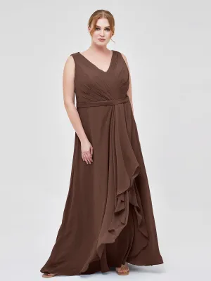 A-line Chiffon Open Back Dress With V-Neck Chocolate Plus Size