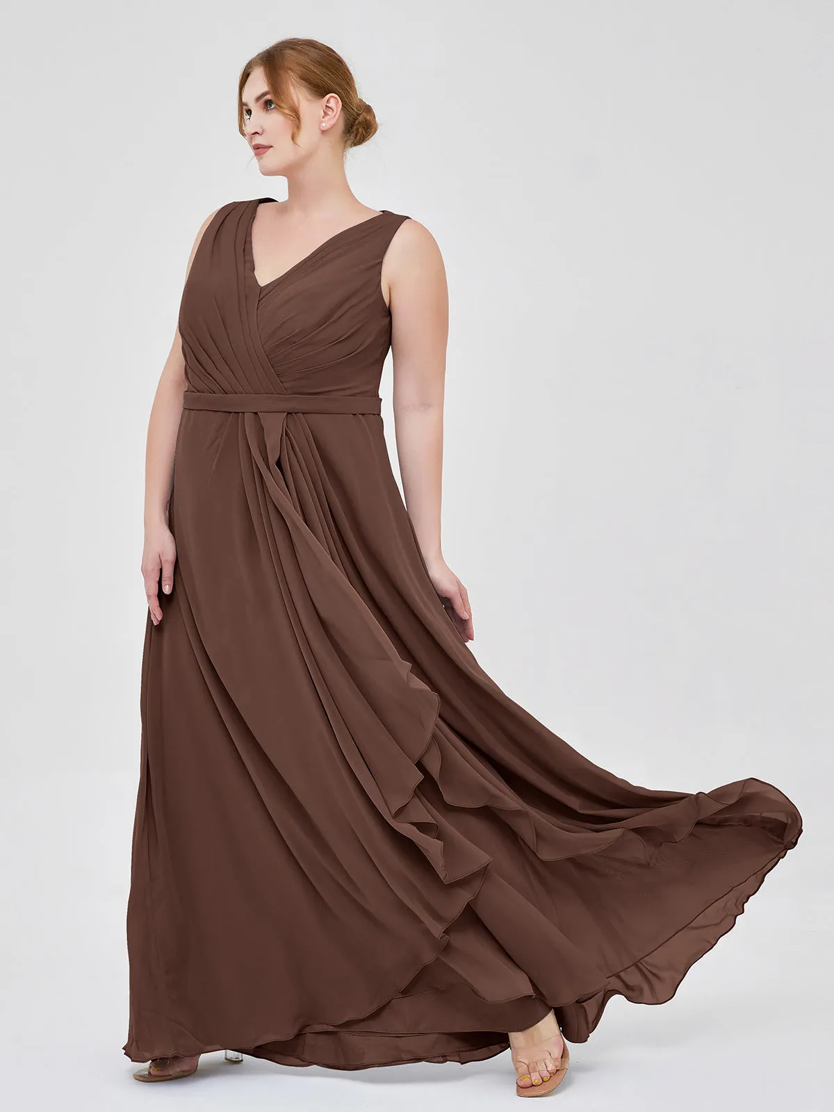 A-line Chiffon Open Back Dress With V-Neck Chocolate Plus Size