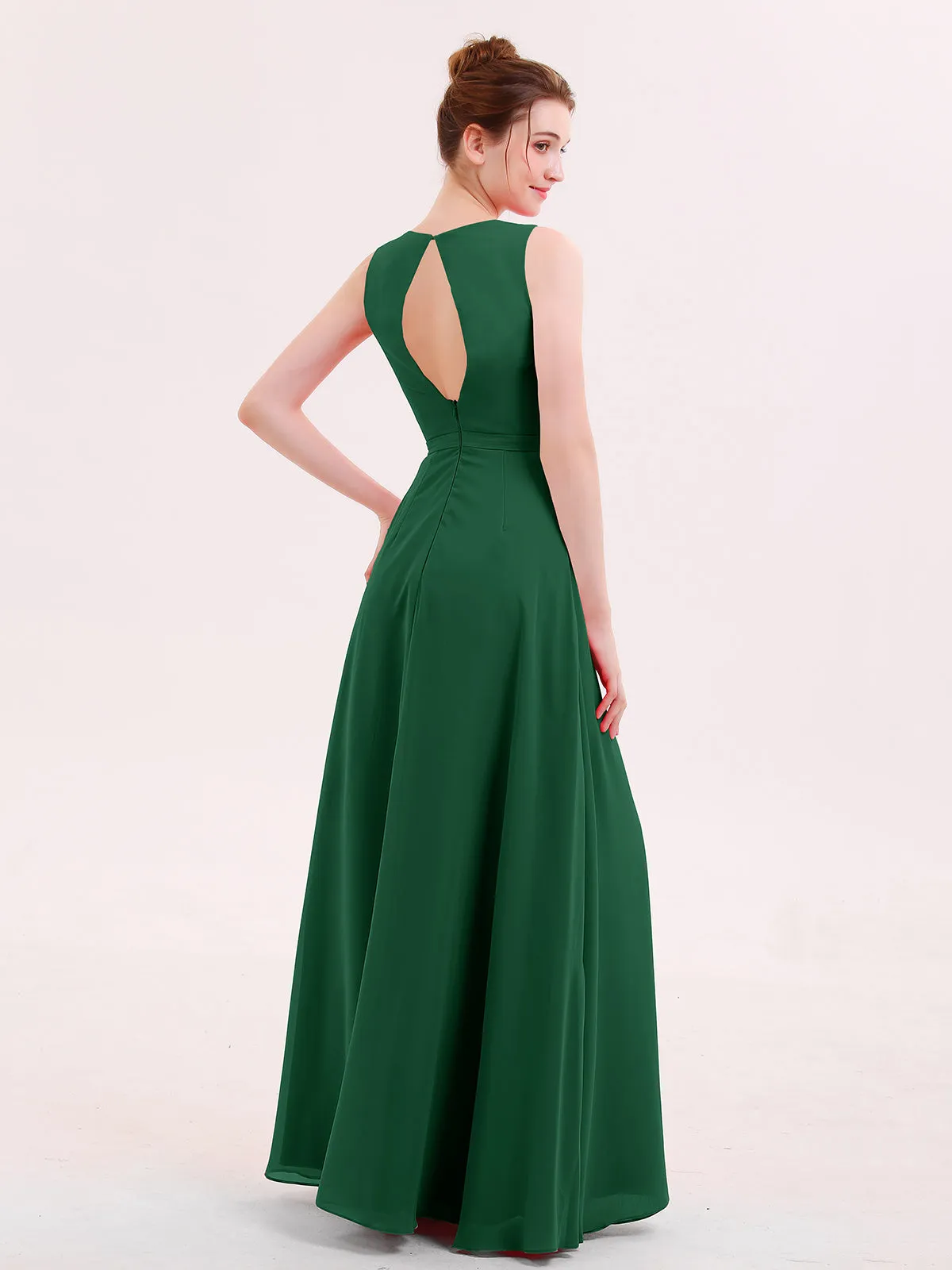 A-line Chiffon Open Back Dress With V-Neck Dark Green