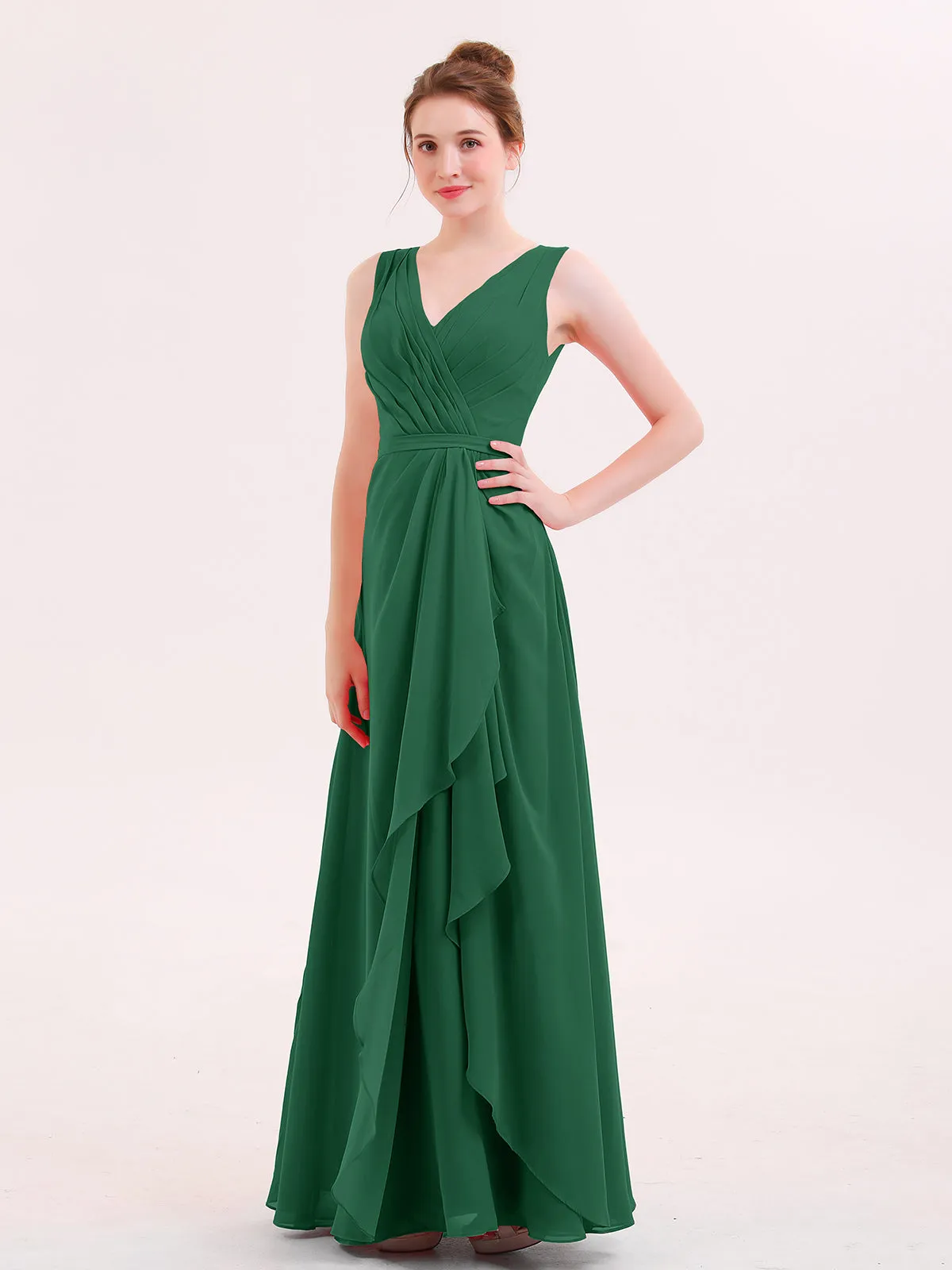 A-line Chiffon Open Back Dress With V-Neck Dark Green