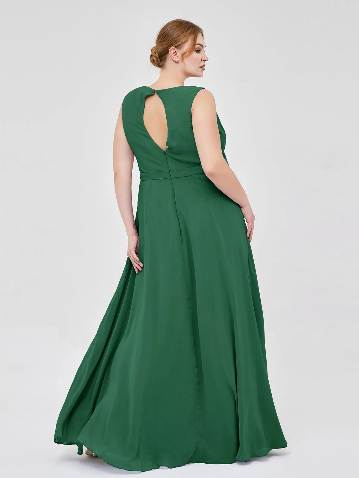 A-line Chiffon Open Back Dress With V-Neck Dark Green