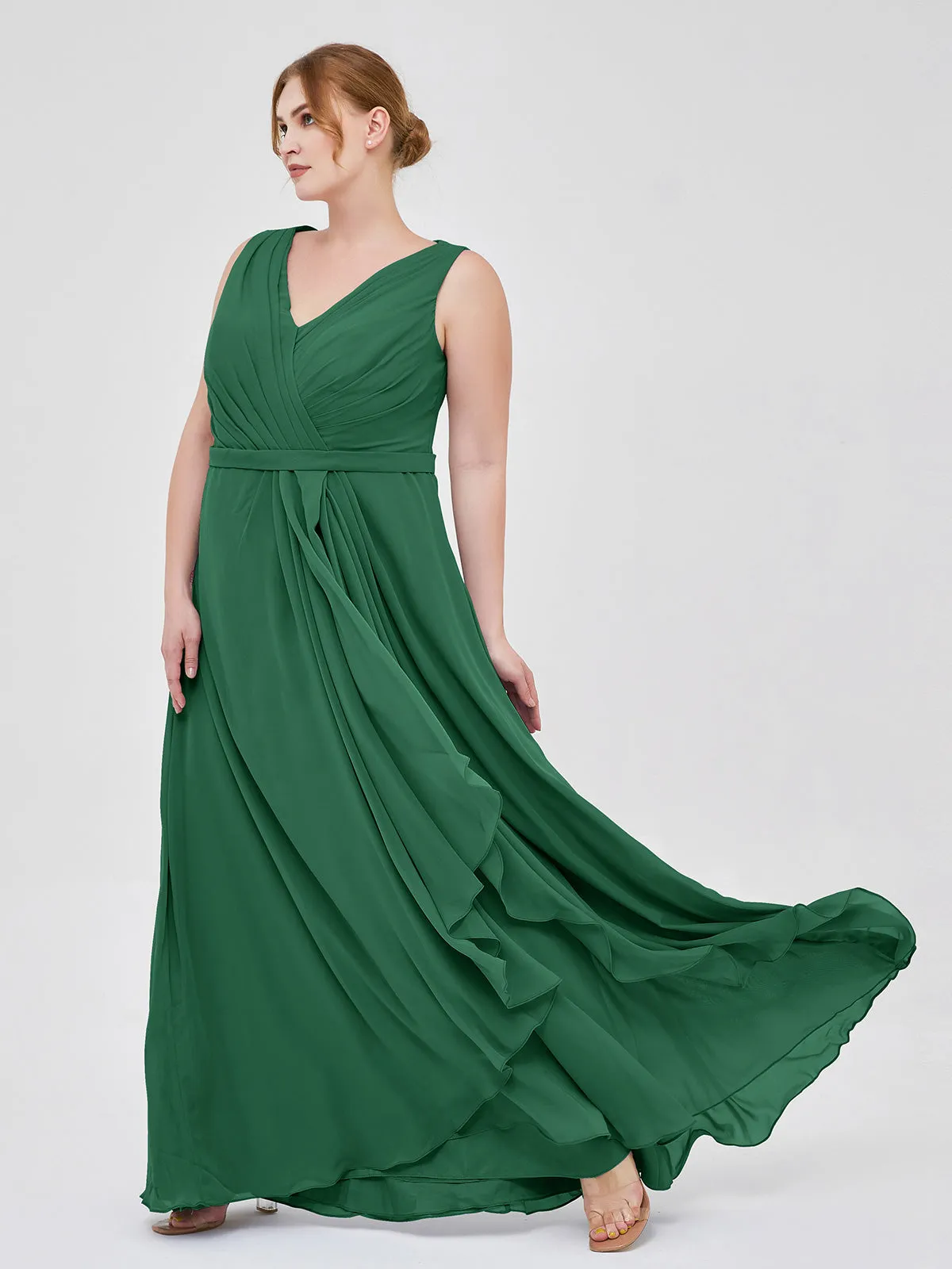A-line Chiffon Open Back Dress With V-Neck Dark Green
