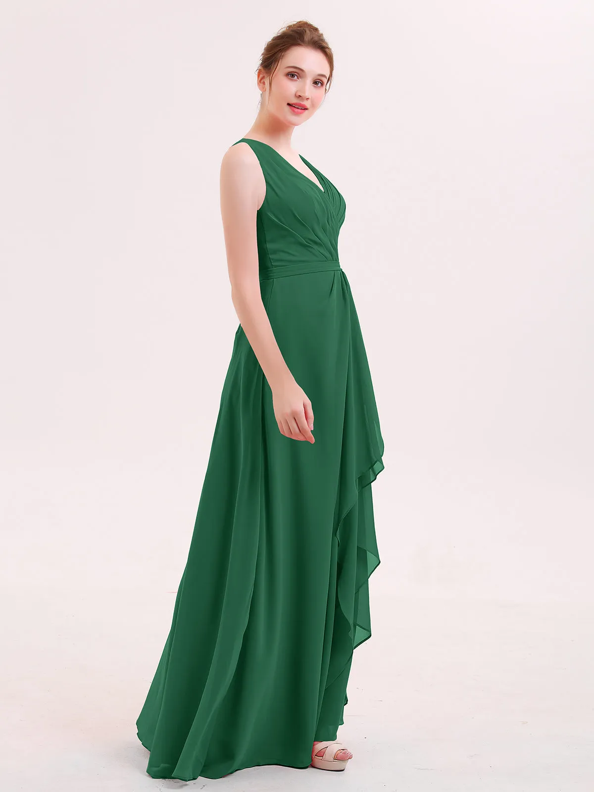 A-line Chiffon Open Back Dress With V-Neck Dark Green
