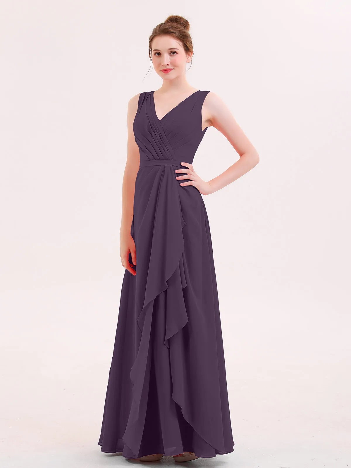 A-line Chiffon Open Back Dress With V-Neck Plum