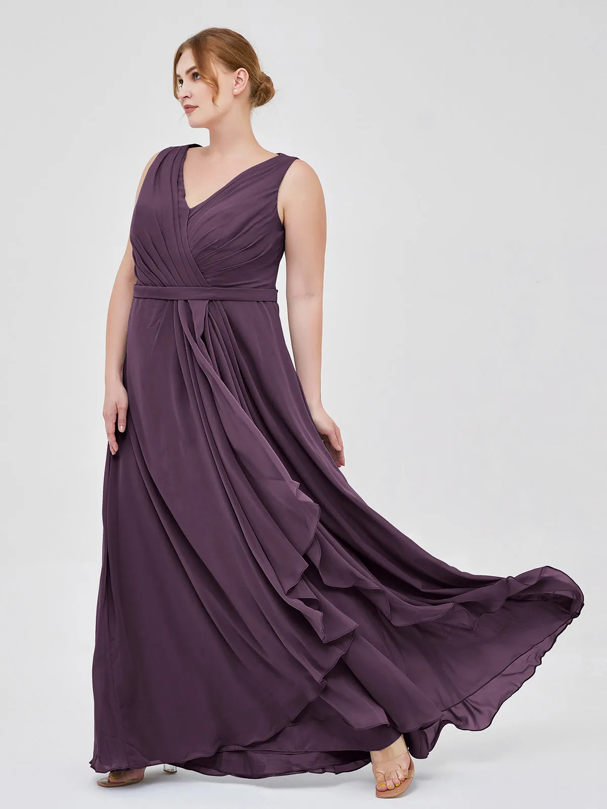 A-line Chiffon Open Back Dress With V-Neck Plum