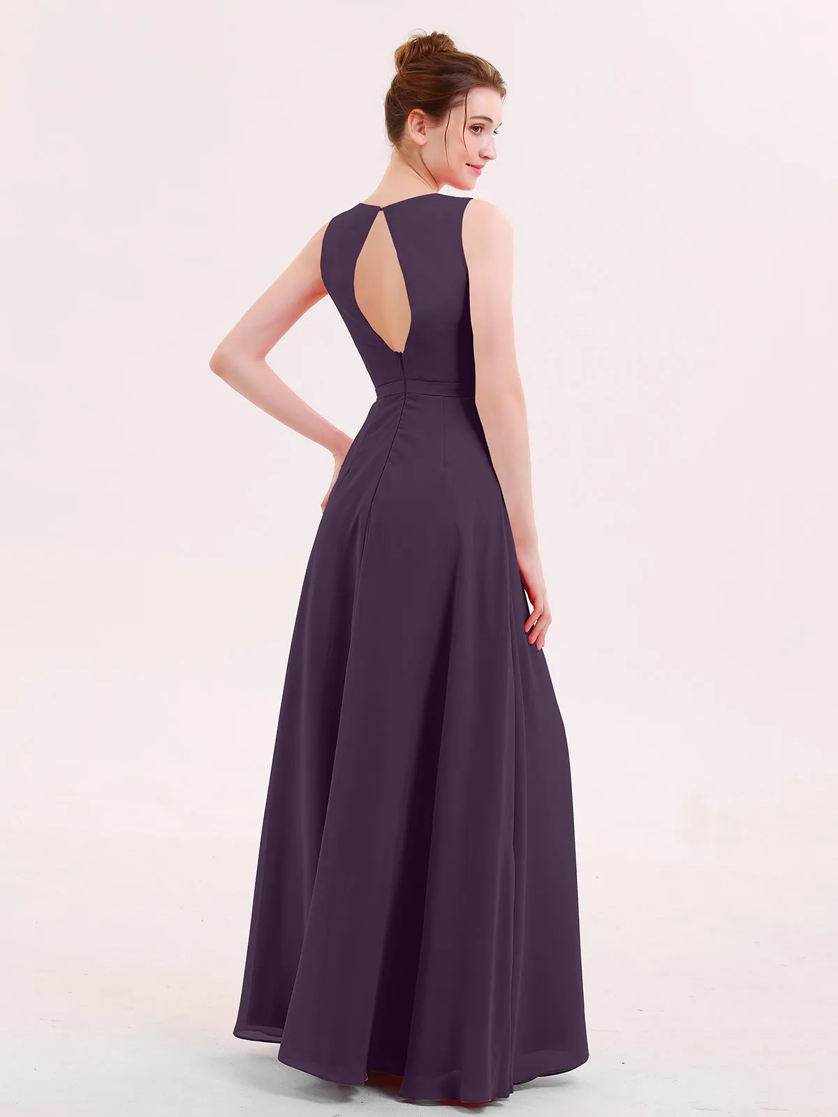 A-line Chiffon Open Back Dress With V-Neck Plum