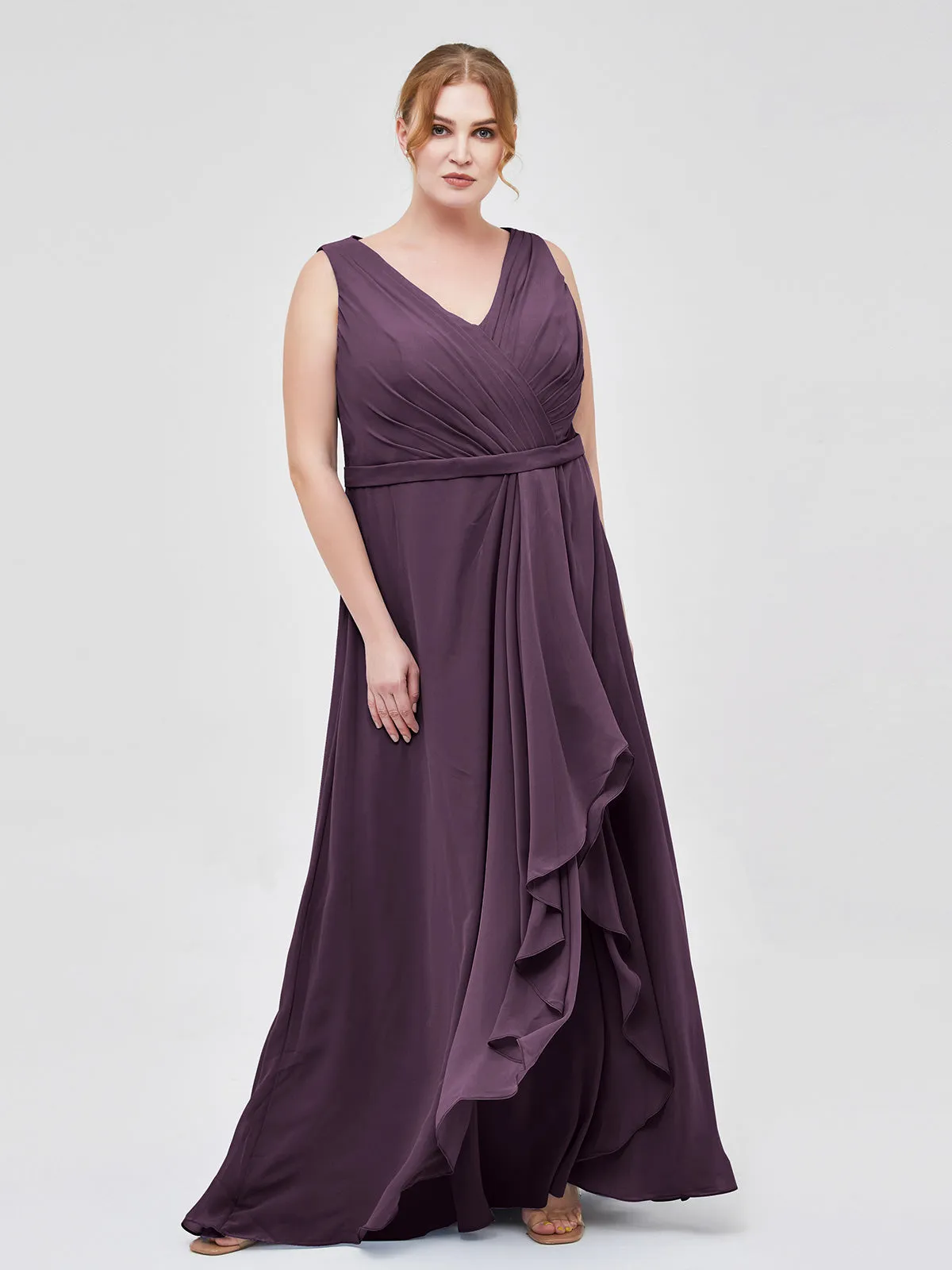 A-line Chiffon Open Back Dress With V-Neck Plum