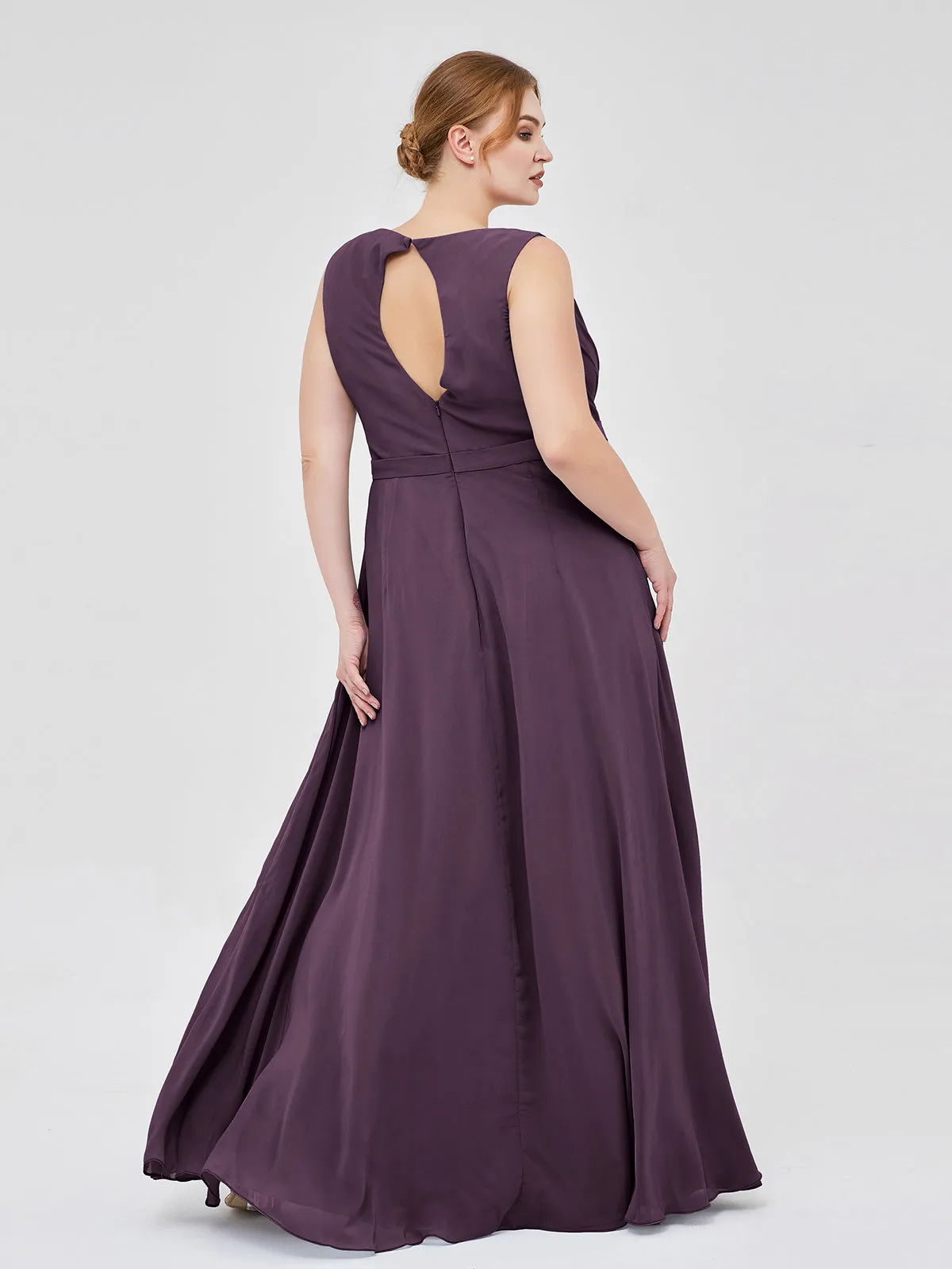 A-line Chiffon Open Back Dress With V-Neck Plum