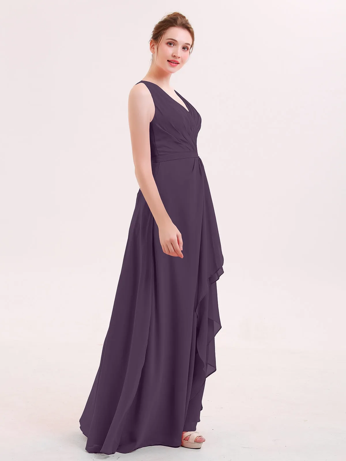 A-line Chiffon Open Back Dress With V-Neck Plum